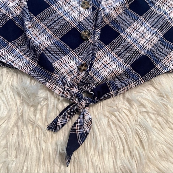 No Comment Off Shoulder Top Navy Plaid - Picture 6 of 11